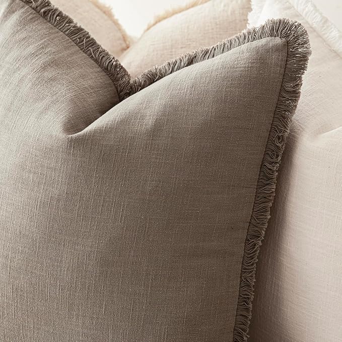 Foindtower Set of 2 Decorative Linen Fringe Lumbar Throw Pillow Covers Boho Farmhouse Cushion Cover with Tassels Soft Accent 