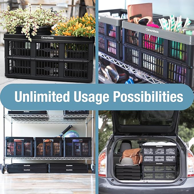 CleverMade Collapsible Utility Crate 45L Foldable Plastic Crate with Heavy Duty 66 lb Capacity for Storage, Trunk Organizatio