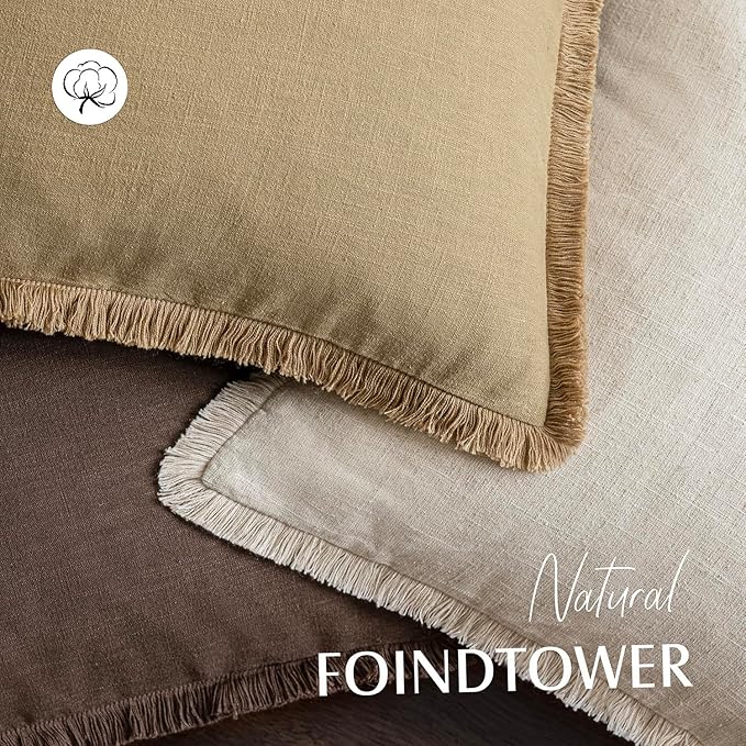 Foindtower Set of 2 Decorative Linen Fringe Throw Pillow Covers Farmhouse Cushion Cover with Tassels Soft Accent Pillowcase f
