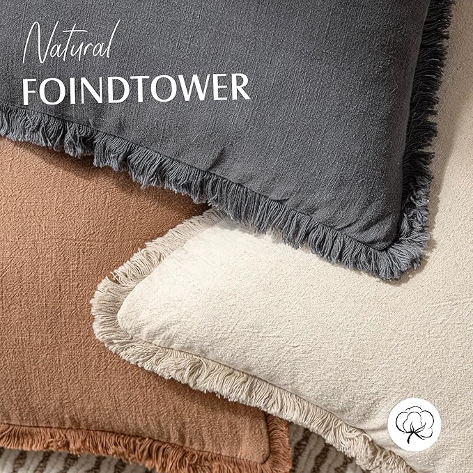 Foindtower Set of 2 Decorative Linen Fringe Lumbar Throw Pillow Covers Boho Farmhouse Cushion Cover with Tassels Soft Accent 