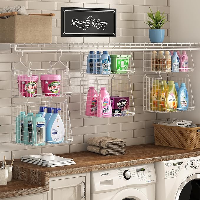 Sonyabecca 5-Tier Hanging Laundry Basket Organizer: Foldable Wire Shelf Basket with 4 Large Hooks 1.65" & 360°Rotating Hooks 