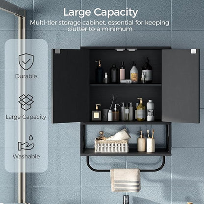 MAHANCRIS Bathroom Wall Cabinet with 2 Door and Adjustable Shelf, Farmhouse Medicine Cabinet with Towel Rack, 3-Tier Wall Mou