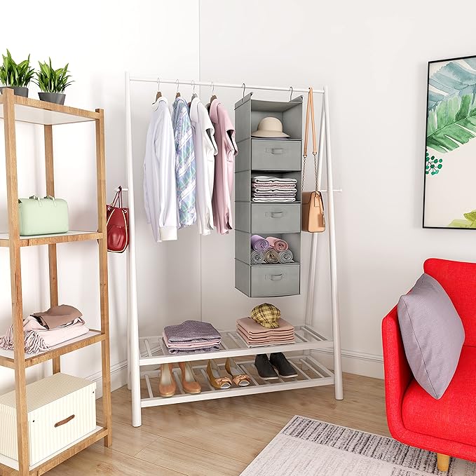 MAX Houser 6 Tier Shelf Hanging Closet Organizer, Closet Hanging Shelf with 2 Sturdy Hooks for Storage, Foldable (Light Grey-