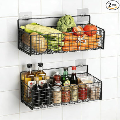 2 Set Hanging Wire Fruit Basket with Adhesive Hooks, Hanging fruit baskets, No Drilling Adhesive Basket, for Home Kitchen Pan