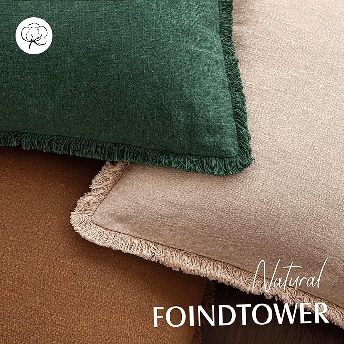 Foindtower Set of 2 Decorative Linen Fringe Throw Pillow Covers Cozy Boho Farmhouse Cushion Cover with Tassels Soft Accent Pi