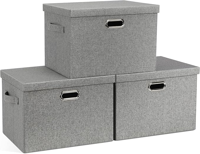 Graciadeco Large 17" 36 Quart Collapsible Stackable Storage Bins with Lids, 3 Packs Grey Linen Fabric Closet Boxes with Lids,
