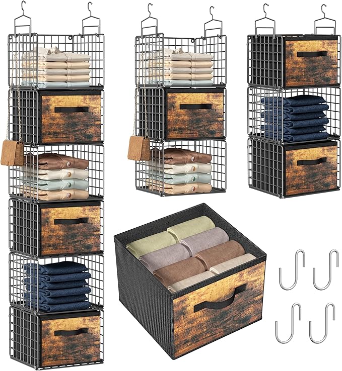 Closet Hanging Organizer with Drawers, 6 Tier Metal Closet Organizers and Storage with 4 Hanging Hooks 4 S-Hooks for Wardrobe