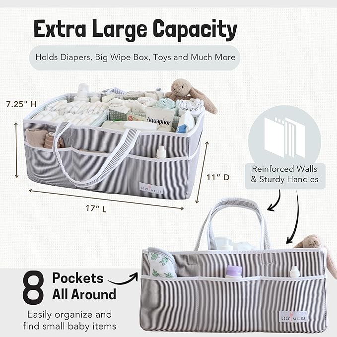 Lily Miles Baby Diaper Caddy - Organizer Tote Bag for Infant Boy or Girl - Baby Shower Basket - Nursery Must Haves - Registry