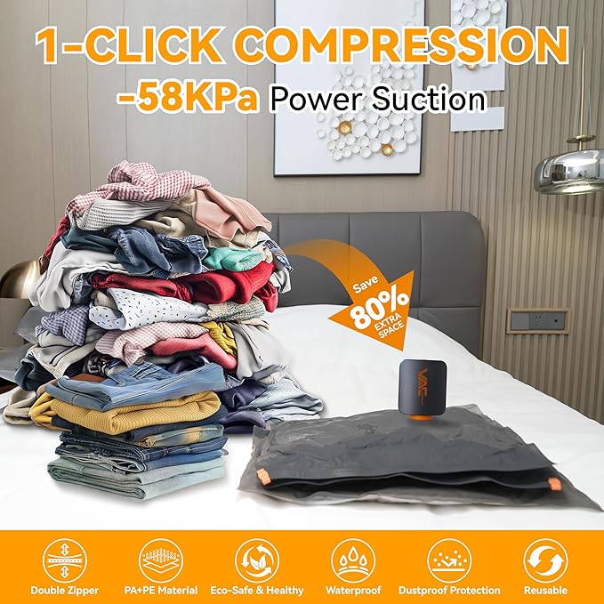 Travel Vacuum Bags for Clothing with Rechargeable Cordless Pump,Vacuum Storage Bags,15 Pack Vacuum Bags,Compression Packing f