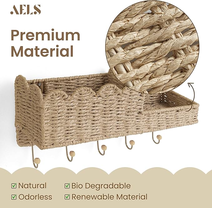 AELS Scalloped Woven Wall Mount Key Holder with 5 Hooks, Decorative Paperstraw Mail Organizer for Entryway, Wave Design Ratte