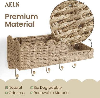 AELS Scalloped Woven Wall Mount Key Holder with 5 Hooks, Decorative Paperstraw Mail Organizer for Entryway, Wave Design Ratte