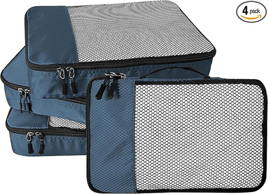 WTREE 4-Piece Packing Cubes Travel Accessories Set for Suitcases - Luggage Organizer Bags with Double Zipper - Mesh Top - Large - Dark Blue
