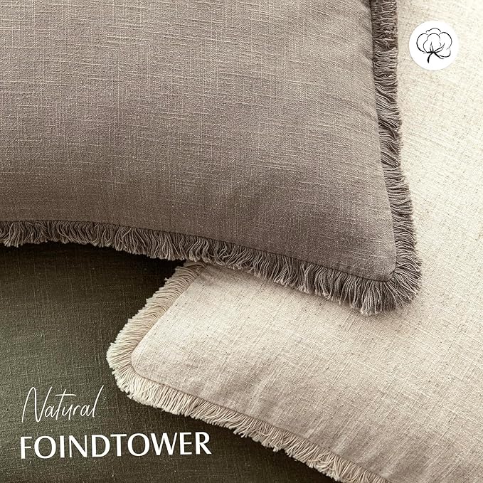 Foindtower Set of 2 Decorative Linen Fringe Lumbar Throw Pillow Covers Boho Farmhouse Cushion Cover with Tassels Soft Accent 