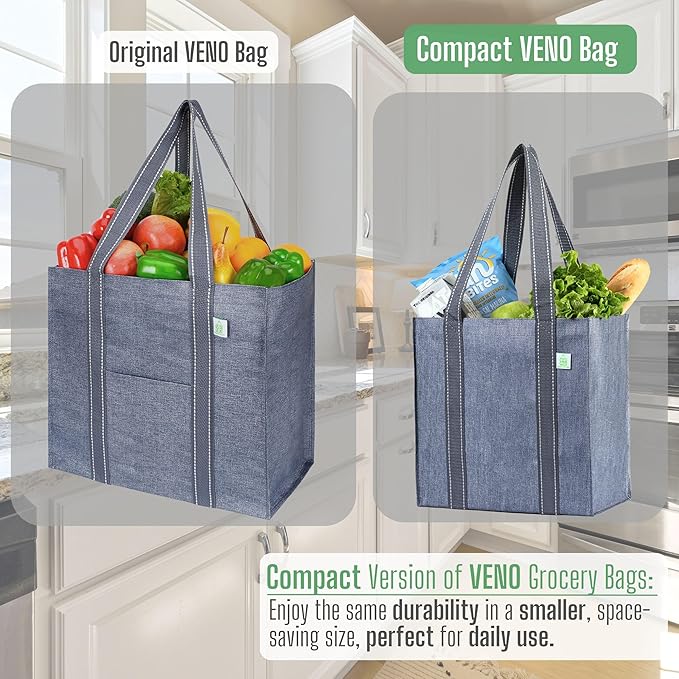 VENO 2-4 Pack Reusable Grocery shopping Bags, Medium Tote Bag w/Handle Hard Bottom, Heavy Duty, Foldable Carrier