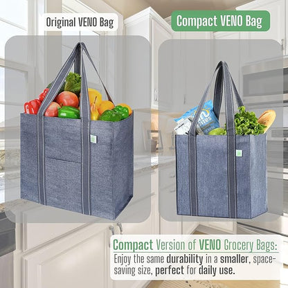 VENO 2-4 Pack Reusable Grocery shopping Bags, Medium Tote Bag w/Handle Hard Bottom, Heavy Duty, Foldable Carrier