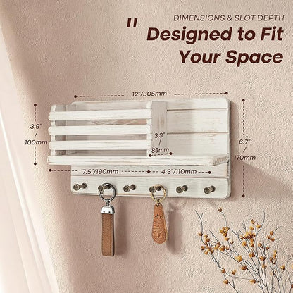 Rebee Vision Farmhouse Pine Wood Key Holder Wall Mount - Key Holder for Wall with Wooden Floating Shelf & 6 Sturdy Hooks - St