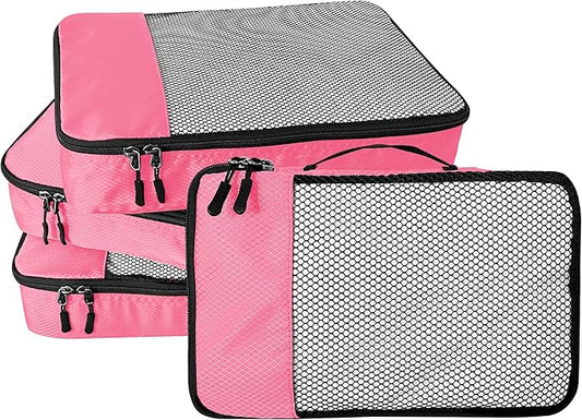 WTREE 4-Piece Packing Cubes Travel Accessories Set for Suitcases - Luggage Organizer Bags with Double Zipper - Mesh Top - Large - Pink