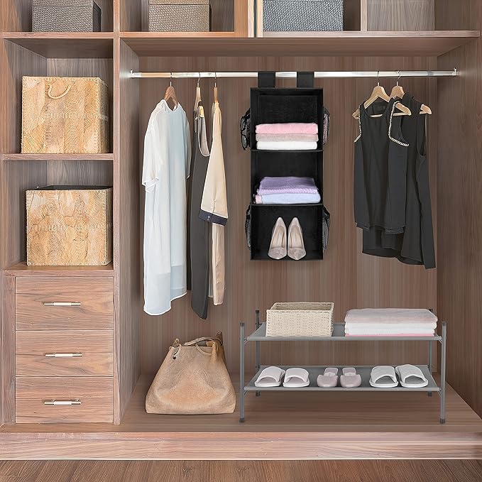 MAX Houser 3-Shelf Hanging Closet Organizers, Collapsible Closet Hanging Shelves for Camper, Nursery Hanging Organizers, Blac