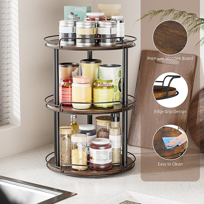 LAMU 12.2'' Wood Lazy Susan Turntable Organizer for Cabinet, 3 Tier Lazy Susan Spice Rack Organizer for Kitchen, Table Top, C