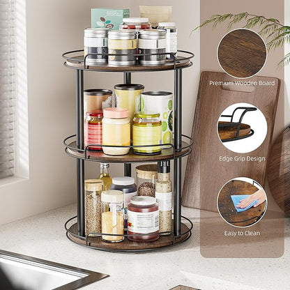 LAMU 12.2'' Wood Lazy Susan Turntable Organizer for Cabinet, 3 Tier Lazy Susan Spice Rack Organizer for Kitchen, Table Top, C