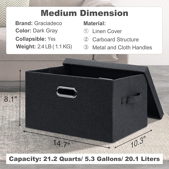 Graciadeco Medium 15" 21 Quart Collapsible Stackable Storage Bins with Lids, 3 Packs Dark Grey Foldable Fabric Closet Boxes H
