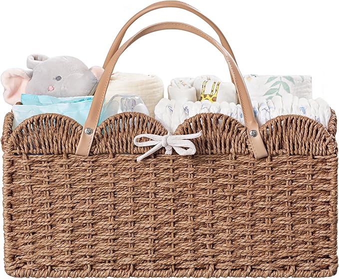 HBlife Baby Diaper Caddy, Paper Rope Storage Baskets Nursery Bin with Removable Divider, Portable Car Organizer for Diapers, 