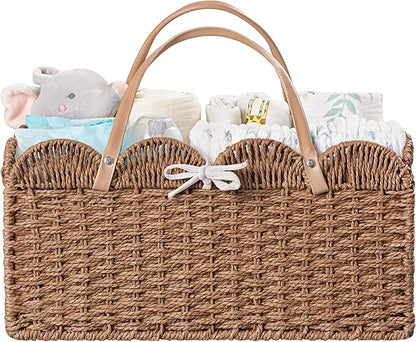 HBlife Baby Diaper Caddy, Paper Rope Storage Baskets Nursery Bin with Removable Divider, Portable Car Organizer for Diapers, 
