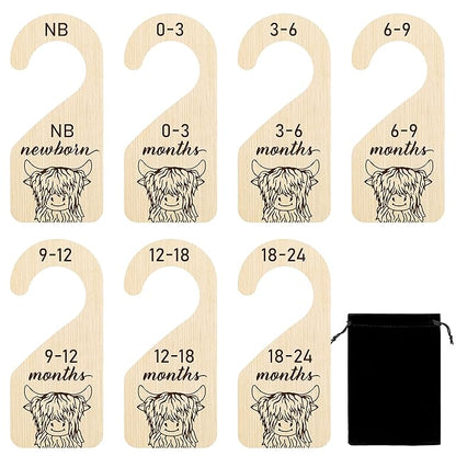 R HORSE 8Pcs Highland Cow Baby Closet Dividers, Double Sided Baby Closet Organizers Nursery Hanger Dividers Wood Size Divider