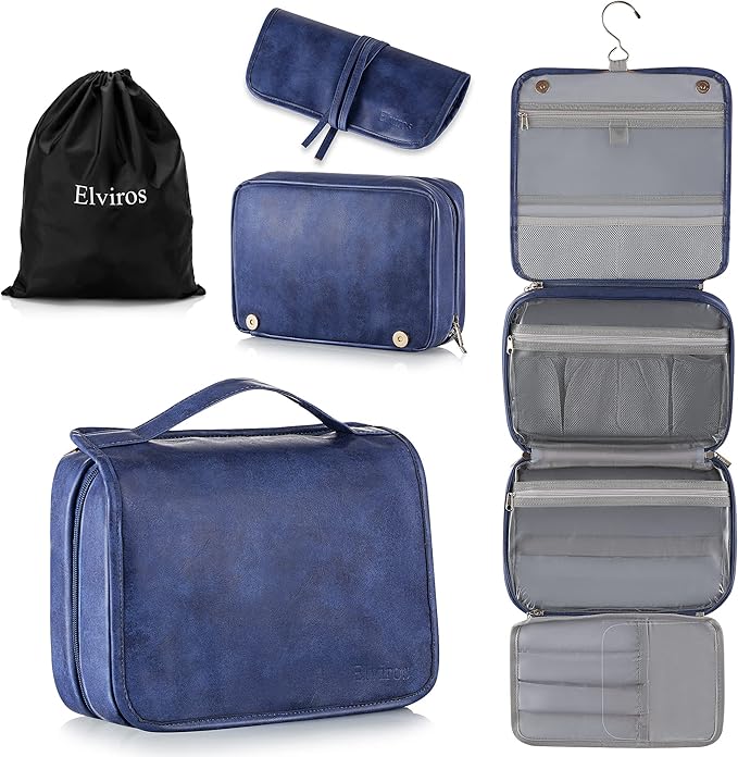 Elviros Hanging Toiletry Bag for Men Travel Essentials 3-in-1 Large Waterproof Dopp Kit PU Leather Shaving Bag with Separate 