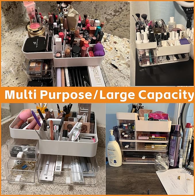 Pink Make up Organizers for Vanity with 3 Drawers,Large Skincare Organizers for Countertop,Desk,Dresser,Plastic Bathroom Coun