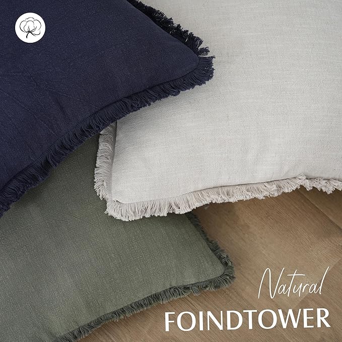 Foindtower Set of 2 Decorative Linen Fringe Throw Pillow Covers Cozy Farmhouse Boho Cushion Cover with Tassels Soft Accent Pi