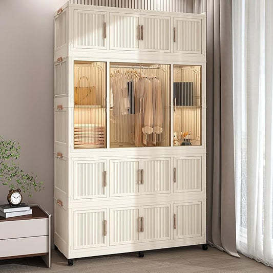 Leavader Portable Wardrobe Closet Storage Organizer for Clothes, Large Collapsible Plastic Wardrobe with Wheels, Foldable Clo