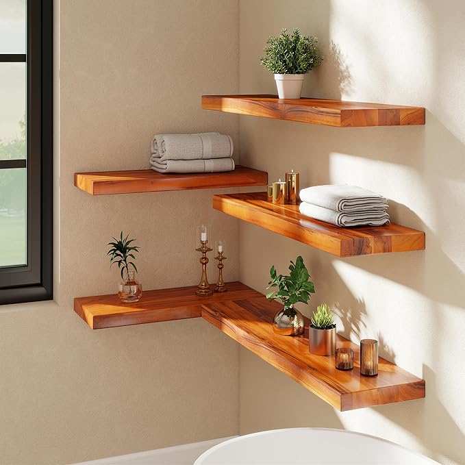 48 Inch Solid Wood Floating Shelf - 100% Solid Teak Wood Wall Shelf with Invisible Brackets - Waterproof Natural Wood Shelves