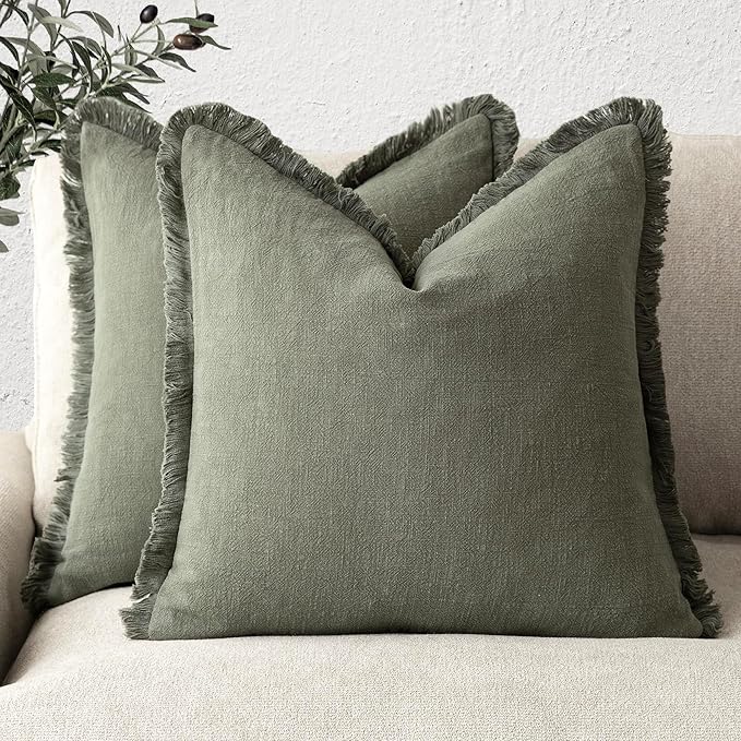Foindtower Set of 2 Decorative Linen Fringe Throw Pillow Covers Cozy Farmhouse Boho Cushion Cover with Tassels Soft Accent Pi