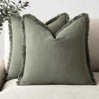 Foindtower Set of 2 Decorative Linen Fringe Throw Pillow Covers Cozy Farmhouse Boho Cushion Cover with Tassels Soft Accent Pi