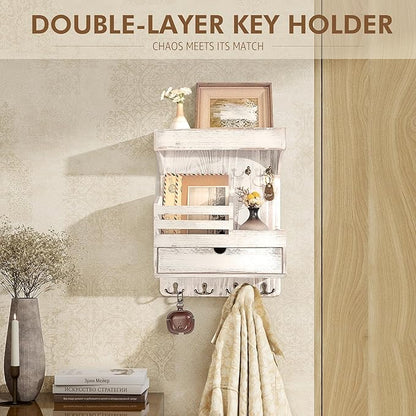 Rebee Vision Farmhouse Key Holder Wall Mount with Drawer Organizer – Pine Wooden Mail and Key Organizer for Wall with 6 Rusti