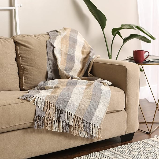 DII Buffalo Check Collection Rustic Farmhouse Throw Blanket with Tassels, 50x60, Tri Color, Stone