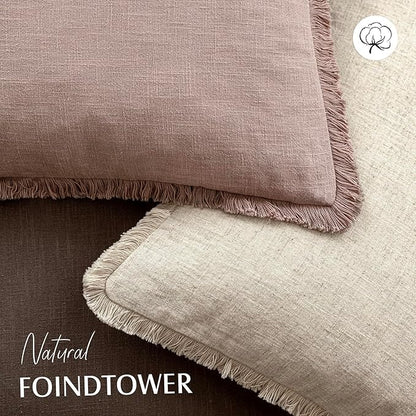 Foindtower Set of 2 Decorative Linen Fringe Throw Pillow Covers Cozy Boho Farmhouse Cushion Cover with Tassels Accent Pillowc