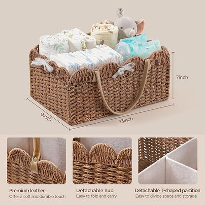 HBlife Baby Diaper Caddy, Paper Rope Storage Baskets Nursery Bin with Removable Divider, Portable Car Organizer for Diapers, 