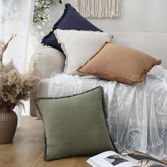 Foindtower Set of 2 Decorative Linen Fringe Throw Pillow Covers Cozy Farmhouse Boho Cushion Cover with Tassels Soft Accent Pi