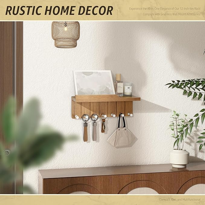 Rebee Vision Decorative Key Holder Wall Mount - Modern Farmhouse Key and Mail Holder for Wall with 7 Hooks and Floating Shelf