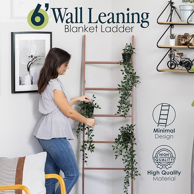 Blanket Ladder for Living Room and Bedroom, 5ft 8 inch, 6-Tier Wall Leaning Laminate No-Snag Construction (Brown) Rustic Deco