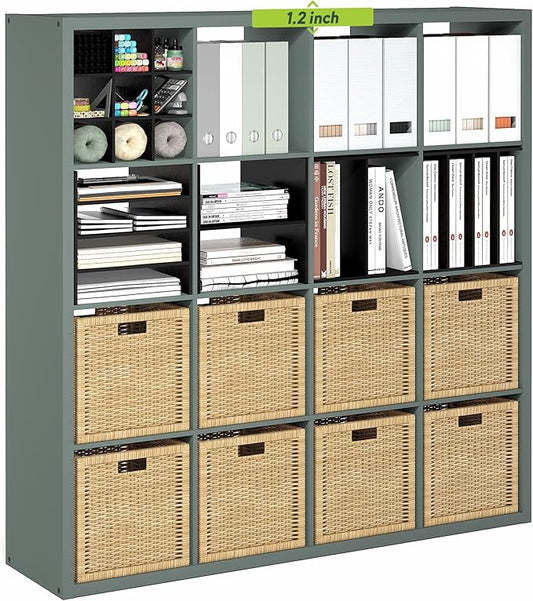 Furinno Cubicle Book Shelf, 16-Cube Bookshelf, Extra Thick Frame Reversible Bookcase with Open Back, 14.6" x 58" x 58", for L