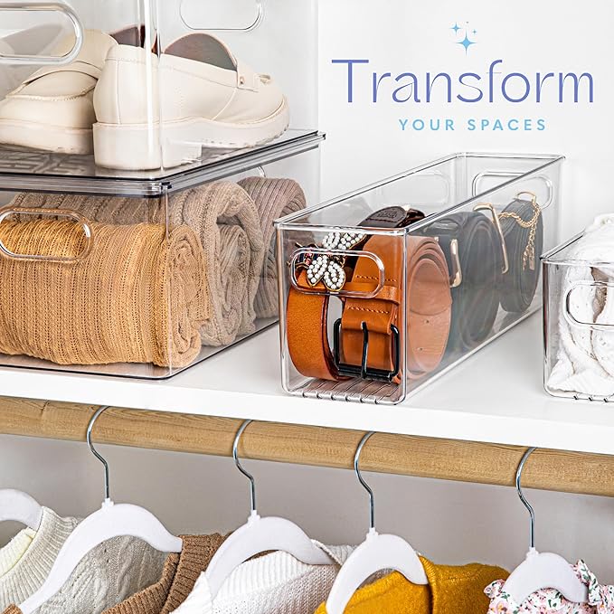 Plastic Food Storage 4 Pack Clear Container Bin with Handles for Organizing Kitchen, Pantry, Refrigerator, Freezer, Pantry, C