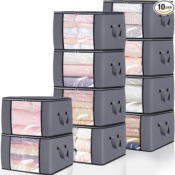 10 Pack Clothes Storage Bags, 90L Large Blanket Storage Bag Comforter Storage Bin with Reinforced Handle and Lid Foldable Clo