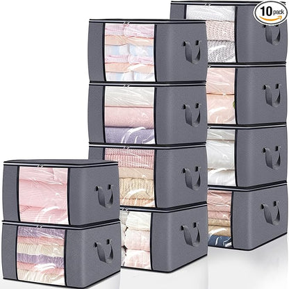 10 Pack Clothes Storage Bags, 90L Large Blanket Storage Bag Comforter Storage Bin with Reinforced Handle and Lid Foldable Clo