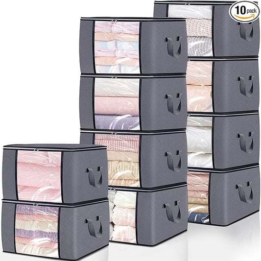 10 Pack Clothes Storage Bags, 90L Large Blanket Storage Bag Comforter Storage Bin with Reinforced Handle and Lid Foldable Clo