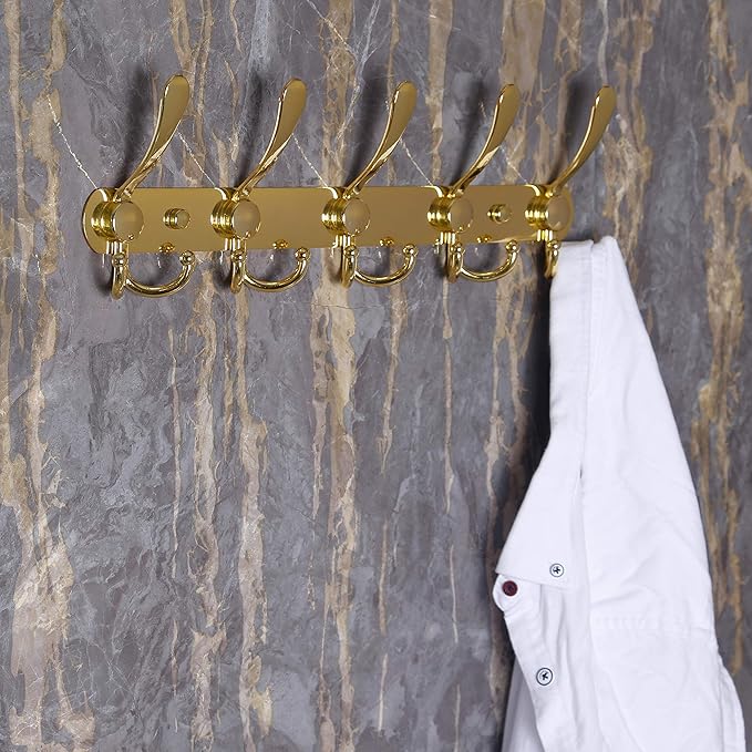 Dseap Coat Rack Wall Mounted - 5 Tri Hooks, Heavy Duty, Stainless Steel, Metal Coat Hook Rail for Coat Hat Towel Purse Robes 