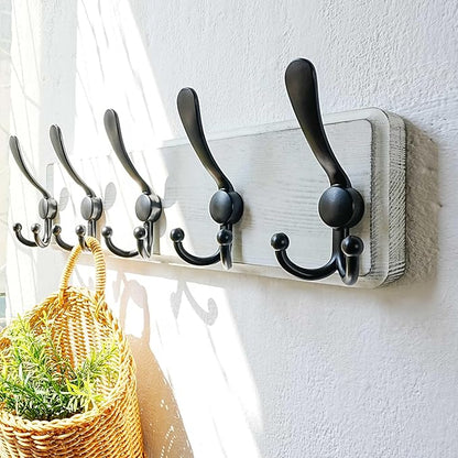Dseap Coat Rack Wall Mounted - 5 Tri Hooks, Heavy Duty, Wooden Wall Coat Hanger Coat Hook for Clothes Hat Jacket Clothing, Wh