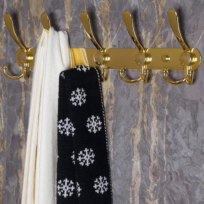 Dseap Coat Rack Wall Mounted - 5 Tri Hooks, Heavy Duty, Stainless Steel, Metal Coat Hook Rail for Coat Hat Towel Purse Robes 